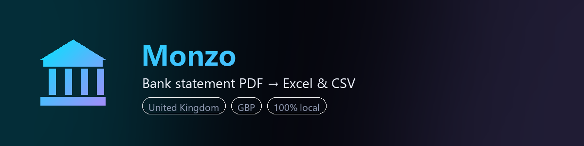 Monzo bank statement to Excel and CSV converter — BankStmtConvert (independent tool, not affiliated with Monzo)